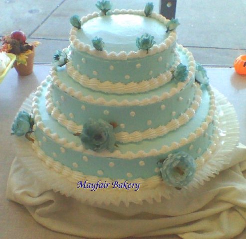 3 tier blue and white - 3 tiers with blue icing and white trim.7&quot;, 10&quot;, 13&quot; tiers.&amp;nbsp;
